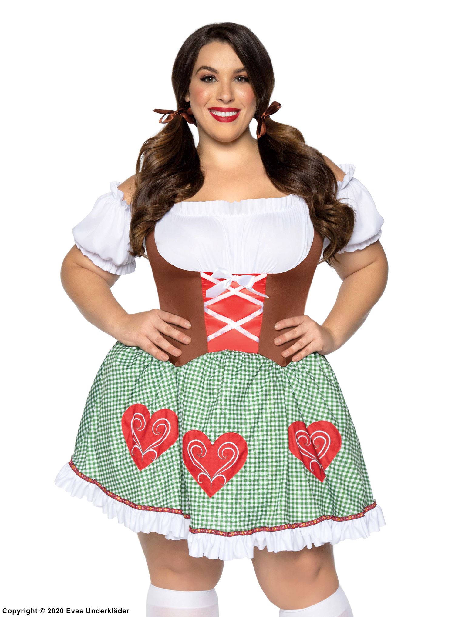 Oktoberfest-Bedienung, Dirndlkleid, Rüschenbesatz, Cold Shoulder, Herzen, XS bis 4XL